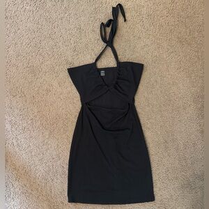 SHEIN Black Tie Front Halter Mini Dress
